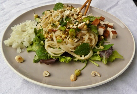 Veganes Rezept: Lauwarme Reisnudeln mit Sprossen und Pflücksalat