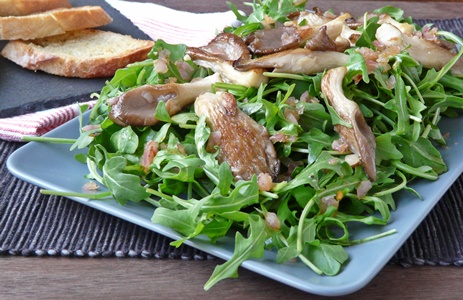 Rucola-Salat mit gebratenen Austernseitlingen, Schalotten und schnellem Knoblauchbrot